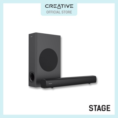 Creative Stage-2.1声道监听音箱，带低音炮，适用于电视、电脑和超宽显示器，蓝牙/光学输入/TV ARC/AUX输入，遥控器和壁挂套件